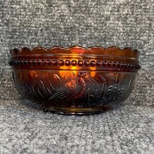 Vintage Carnival Art Glass Round LG Wright Stork and Rushes Berry Bowl